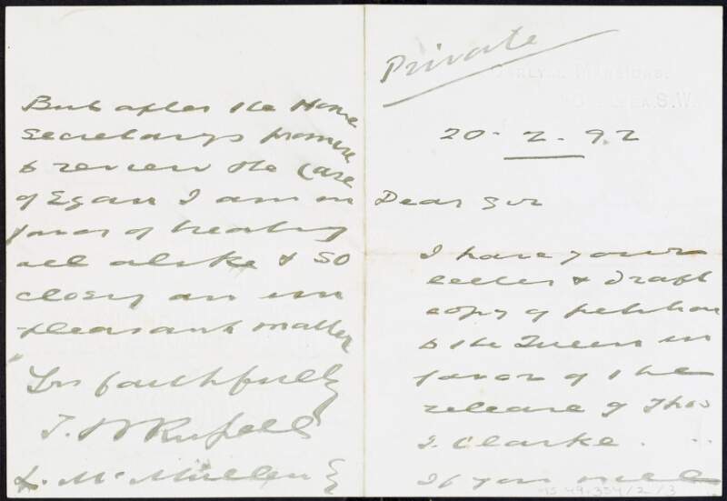 Letter from Sir Thomas Wallace Russell to Louis McMullen regarding a petition for the release of Tom Clarke,