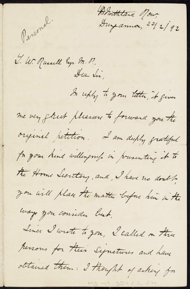 Letter from Louis McMullen to Sir Thomas Wallace Russell thanking him for his assistance in agreeing to present a petition for the release of Tom Clarke to the Home Secretary,
