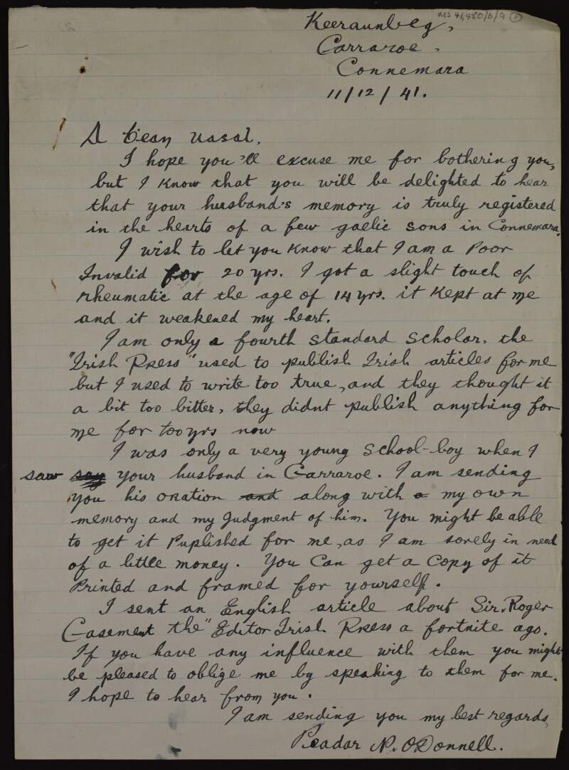 Letter from Peadar O'Domhnaill to Áine Ceannt regarding her husband Éamonn Ceannt and a speech he made in Connemara in 1915 ,