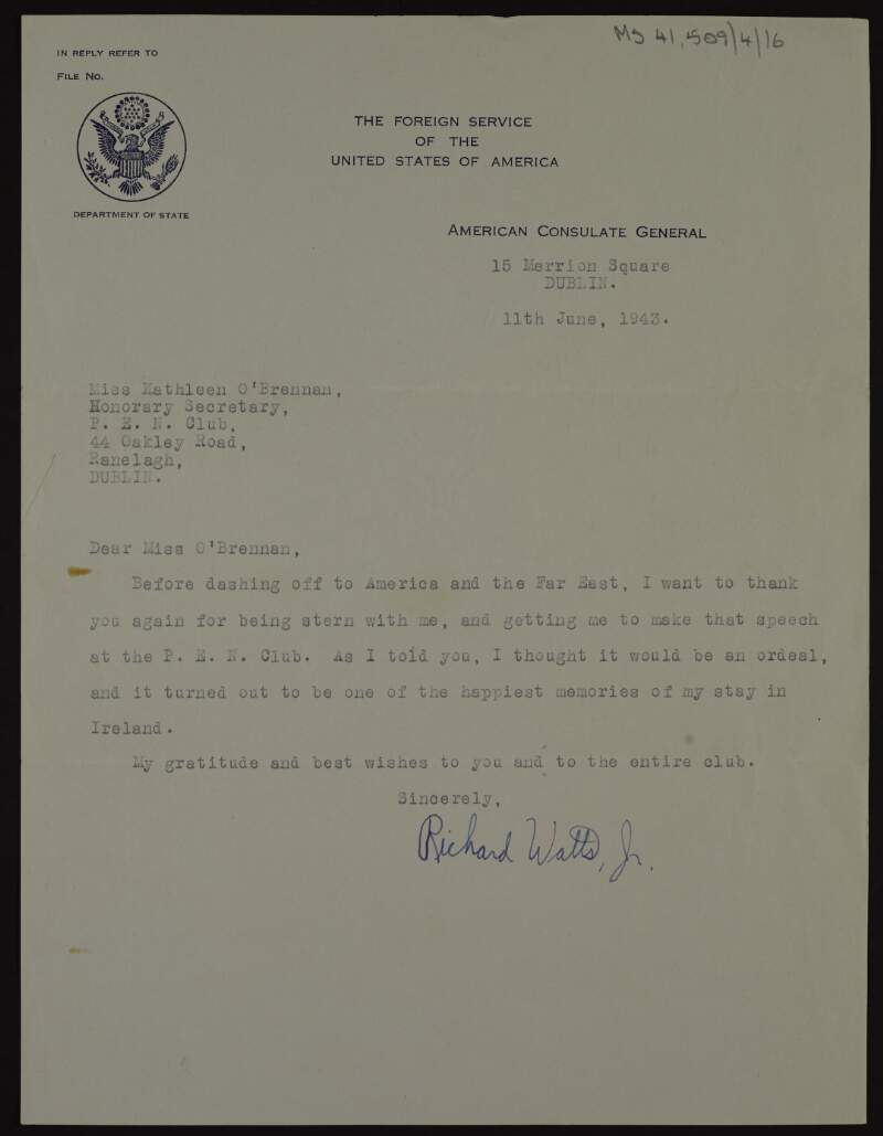 Letter to Kathleen O'Brennan from Richard Watts Jr. thanking her for persuading him to speak at the P.E.N. Club,