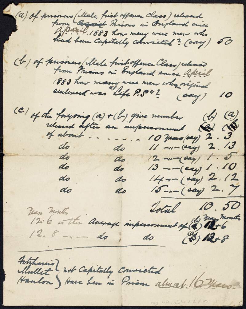 Notes by Tom Clarke regarding questions on Irish prisoners in England,