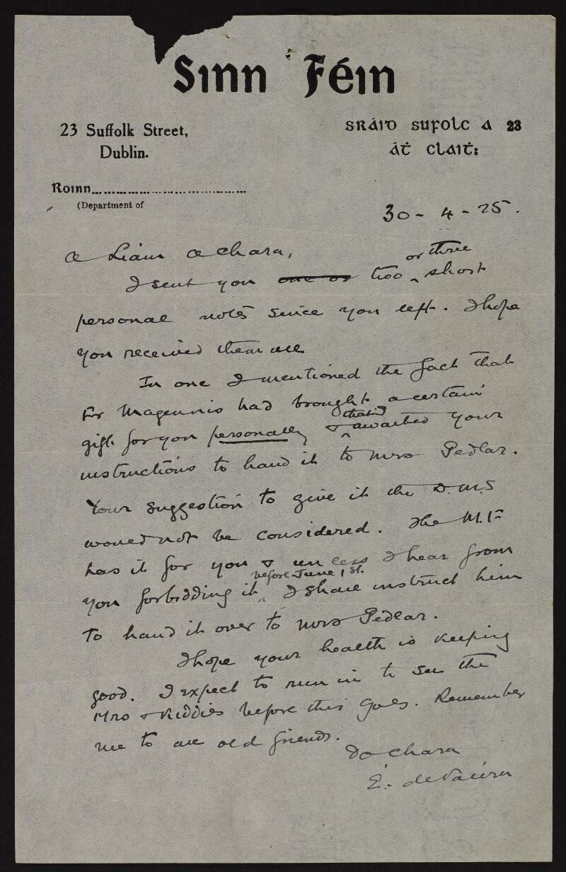 Letter from Éamon de Valera to Liam Pedlar urging him to keep his financial gift for personal use,