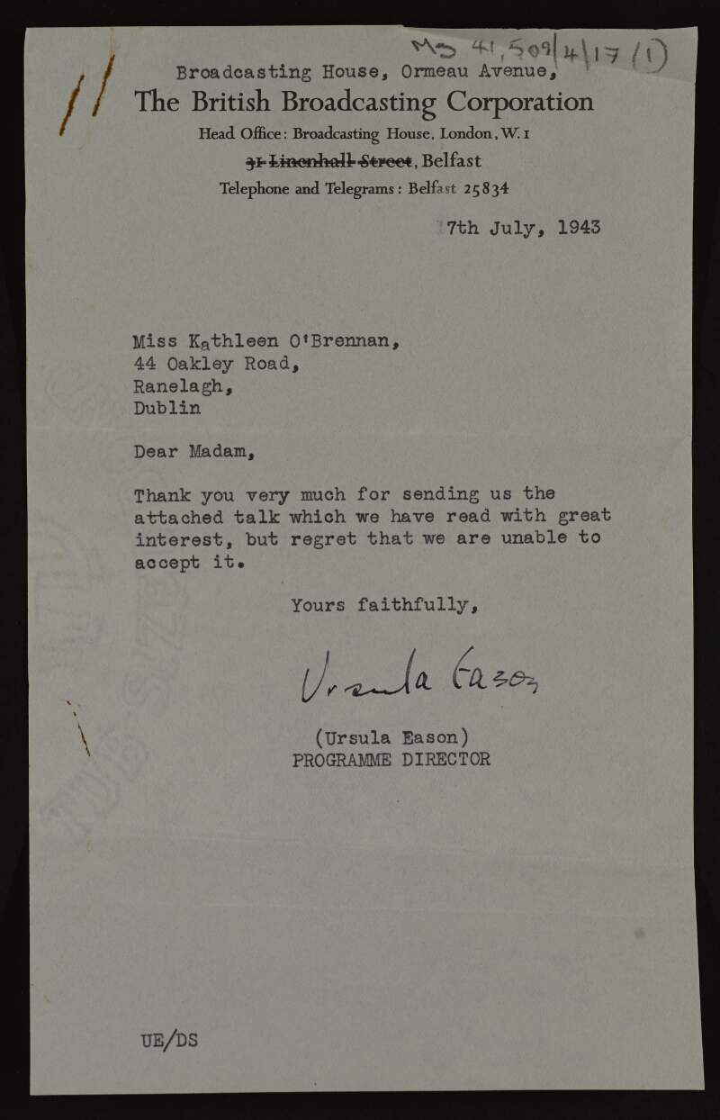 Letter to Kathleen O'Brennan from Ursula Eason of the British Broadcasting Corporation in Belfast declining an enclosed talk of O'Brennan's,