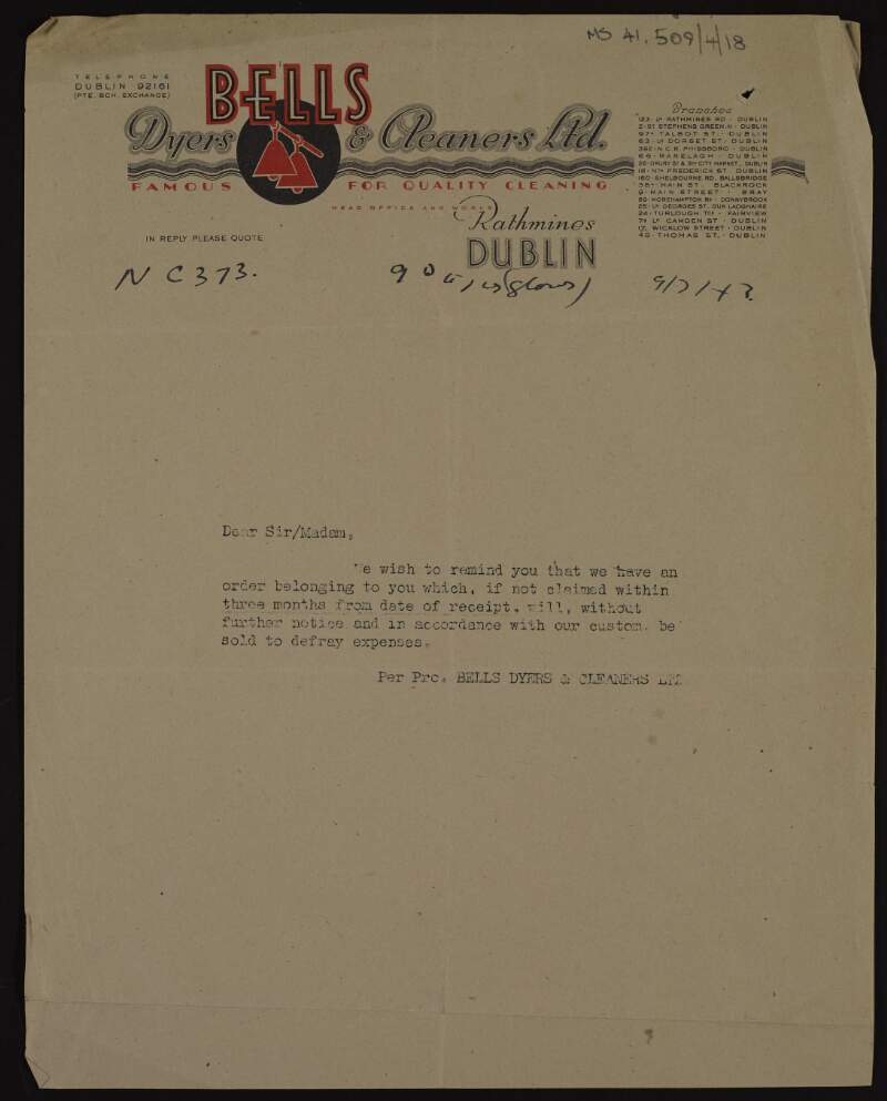 Letter to Kathleen O'Brennan from Bells Dyers and Cleaners Limited reminding her to collect an order or it will be sold,