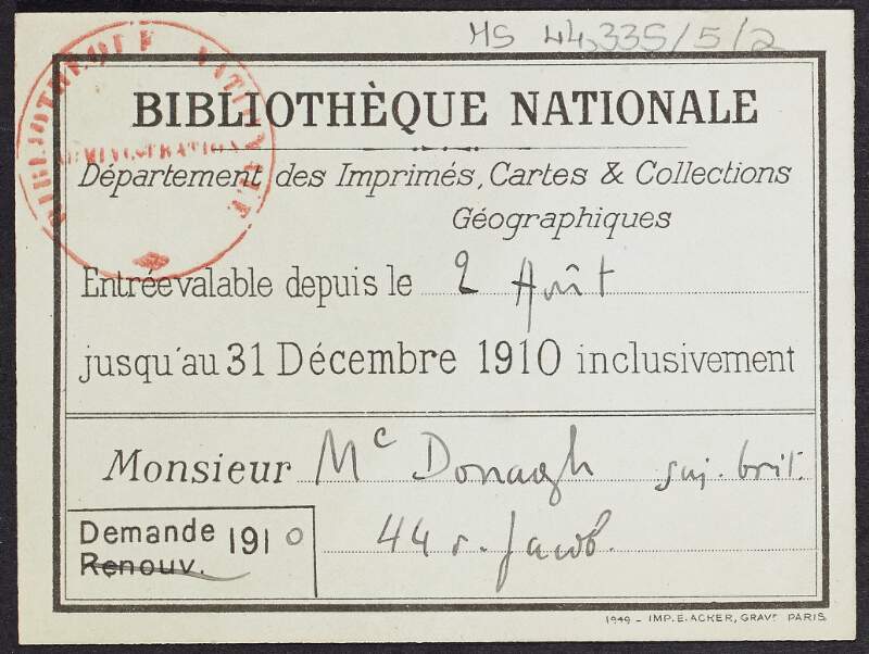 French library card for the department of prints, maps and geographic collection of the National Library, signed by Thomas MacDonagh,