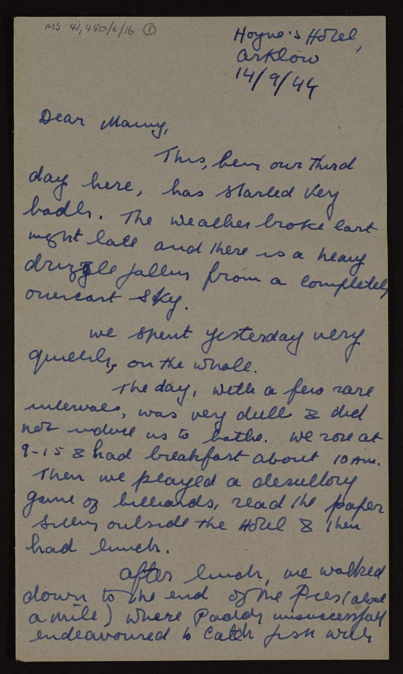 Letter from Rónán Ceannt to Áine Ceannt describing his holiday in Arklow,