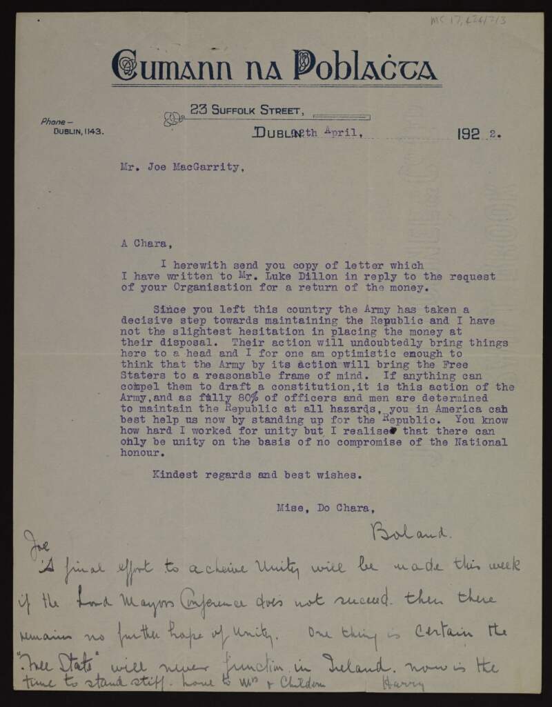 Letter from Harry Boland, Dublin, to Joseph McGarrity, informing him that a last attempt at unity will be made with the "Free Staters",