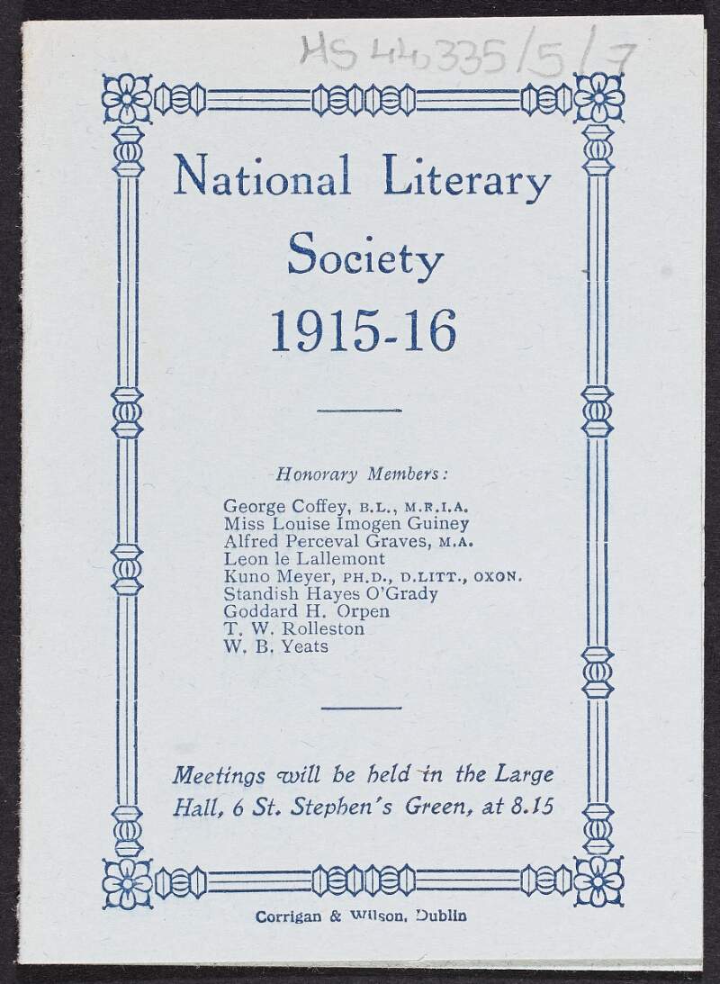 Printed syllabus from the National Literary Society of Ireland of the events of the year 1915-1916,
