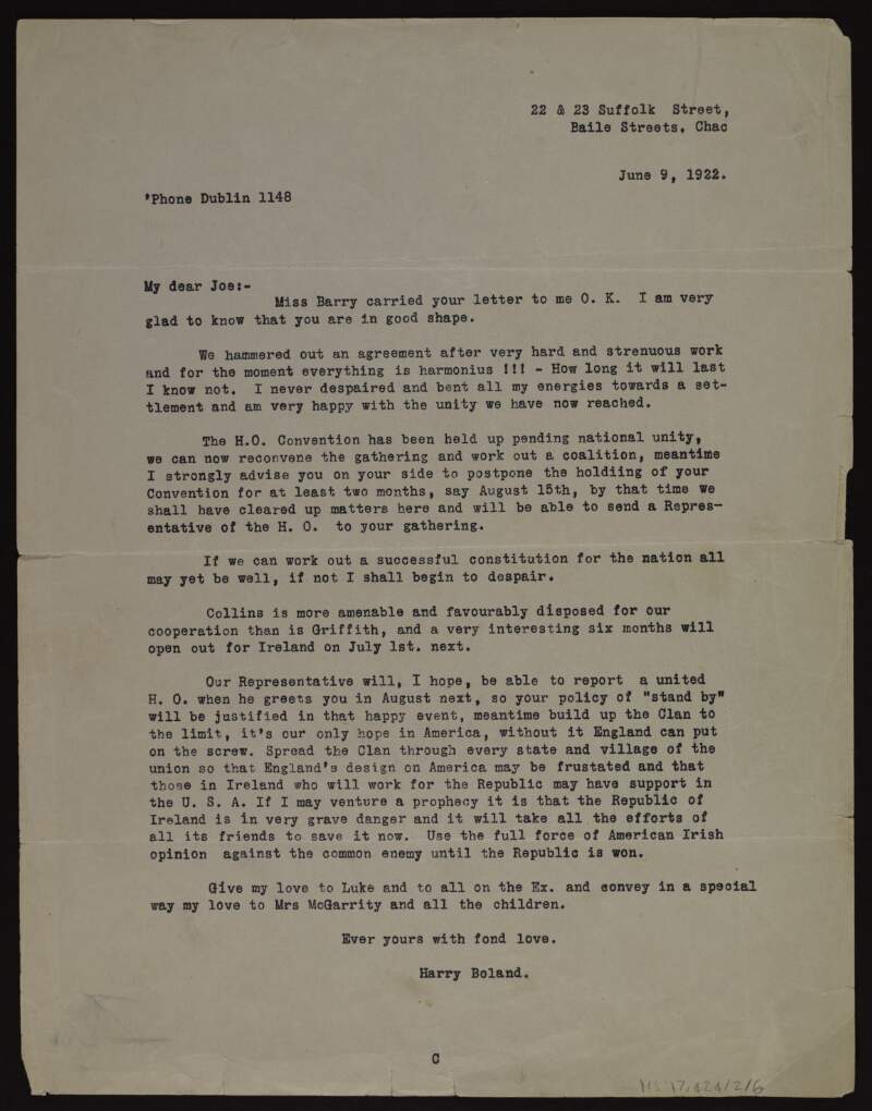 Typescript copy of a letter from Harry Boland to Joseph McGarrity regarding "national unity" in Ireland in the aftermath of the Treaty,