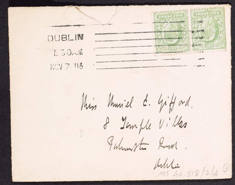 Letter from Thomas MacDonagh to Muriel Gifford saying he "now sees things in a different light",