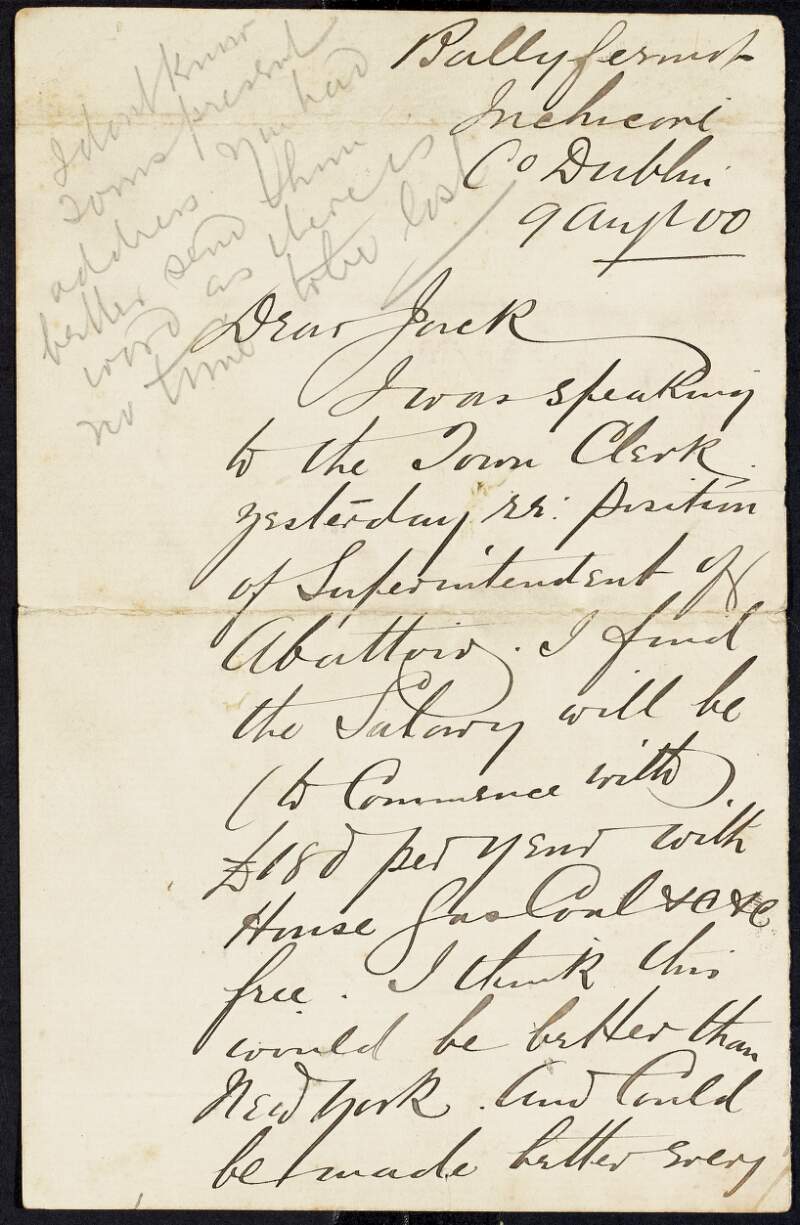 Letter from James Bermingham [Jim] to "Jack", recommending Tom Clarke for the position of Superintendent of Abattoirs and discussing how to get the job for him,