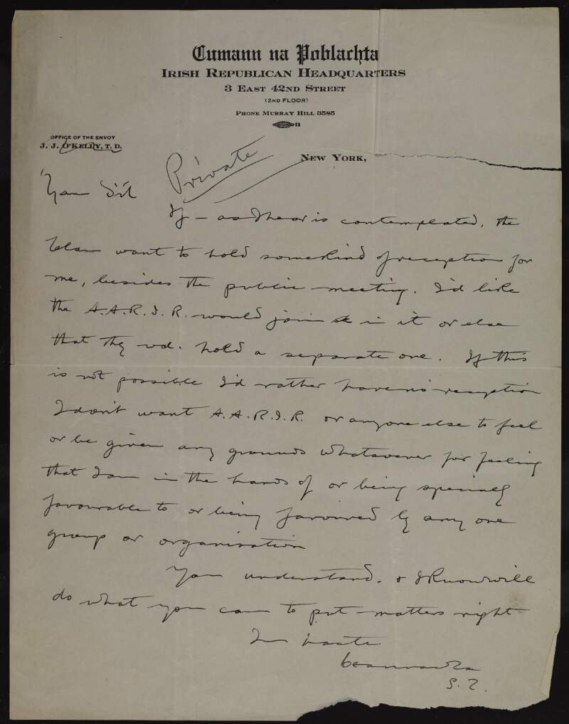 Letter from Seán T. Ó Ceallaigh to Liam Pedlar regarding receptions to be held for Ó Ceallaigh by Clan-na-Gael and the American Association for the Recognition of the Irish Republic,