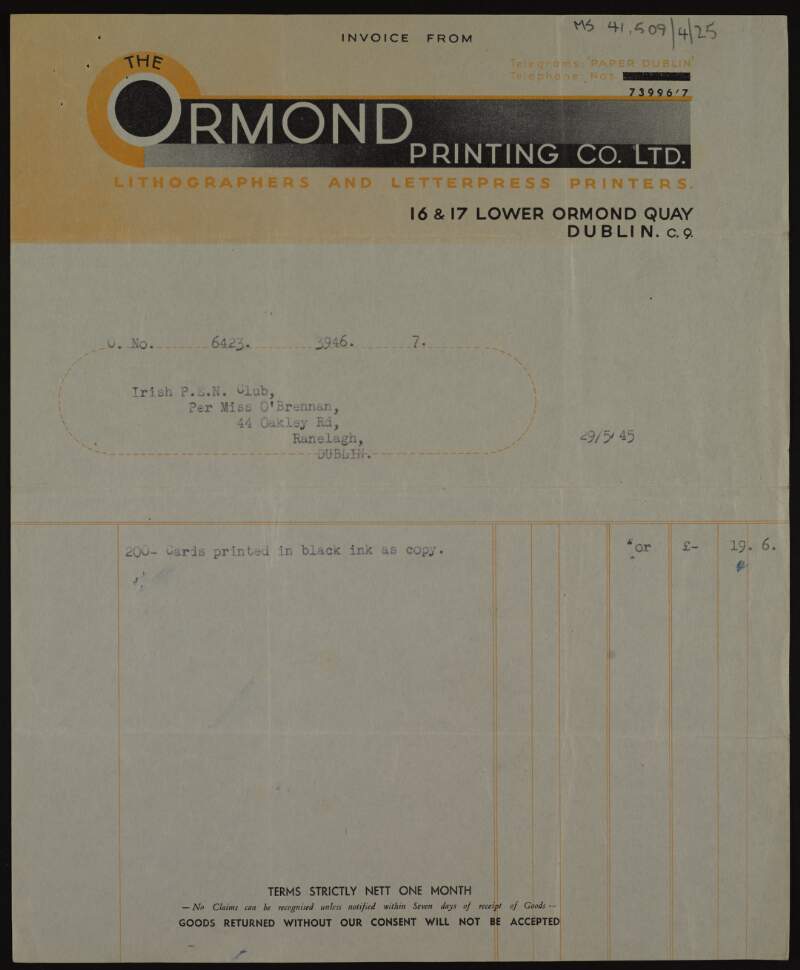 Invoice to Kathleen O'Brennan at the Irish P.E.N. Club from The Ormond Printing Company Limited for 200 cards,