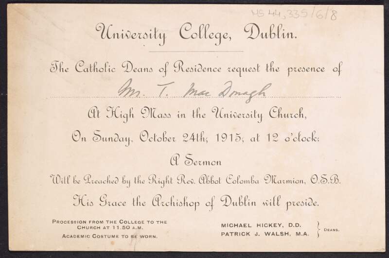 Invitation from University College Dublin to Thomas MacDonagh, to attend High Mass in the University Church,