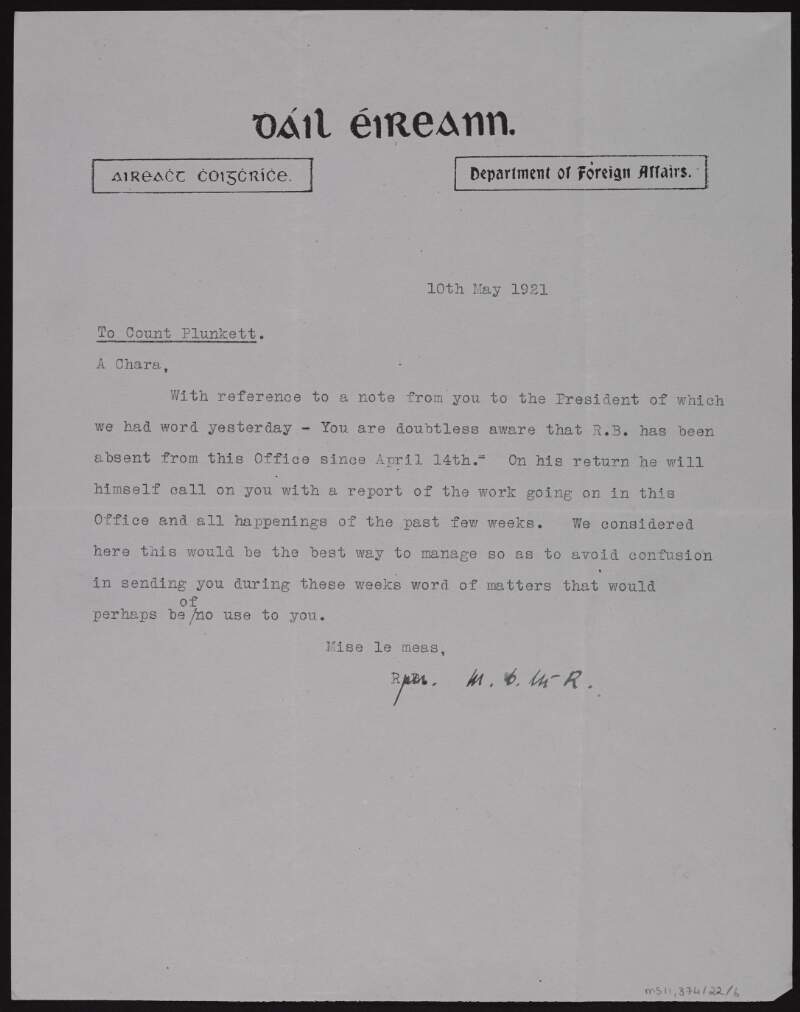 Letter from the Department of Foreign Affairs to George Noble Plunkett, Count Plunkett, with reference to a note sent by Plunkett to the president [Éamon De Valera],