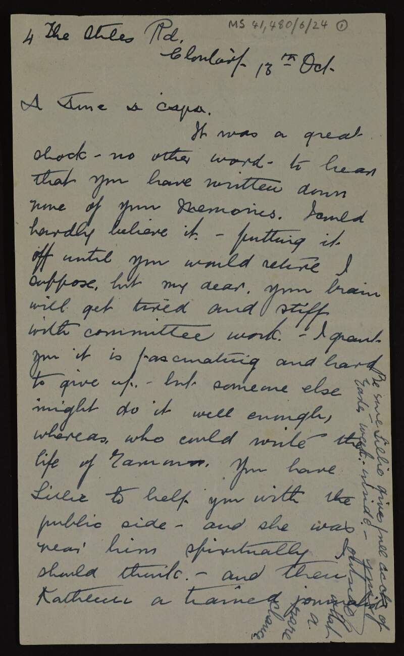Letter from Maire B. Uí Brolchain to Áine Ceannt encouraging her to record her memories of Éamonn Ceannt, the Easter Rising and Cumann na mBan,