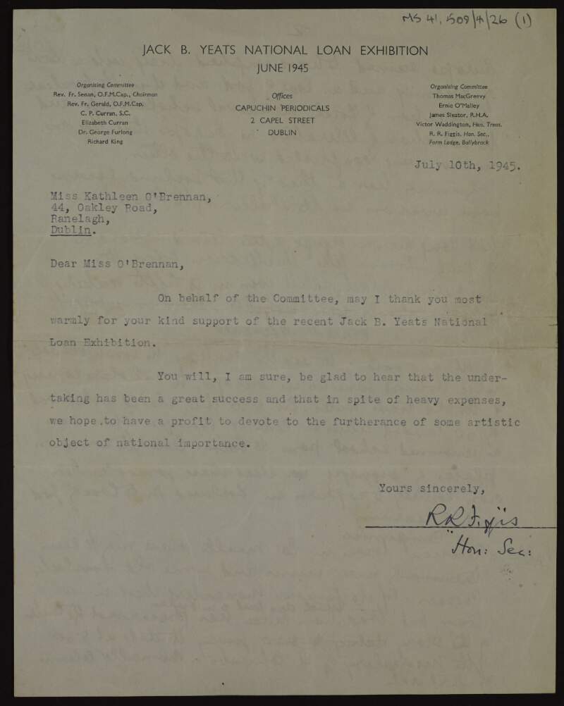 Letter to Kathleen O'Brennan from R.R. Figgis, Honorary Secretary, thanking her for her support of the recent Jack B. Yeats National Loan Exhibition, with a draft of Kathleen O'Brennan's writings about the Book of Kells,