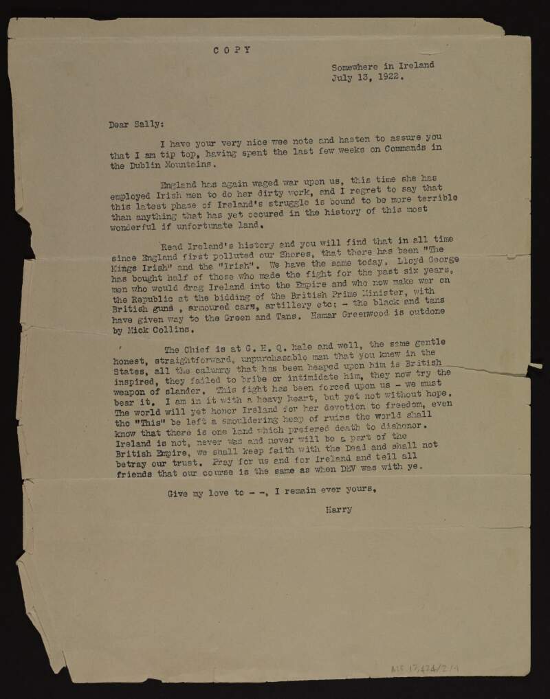 Typescript copy letter from Harry Boland to "Sally" blaming the English for the Civil War,