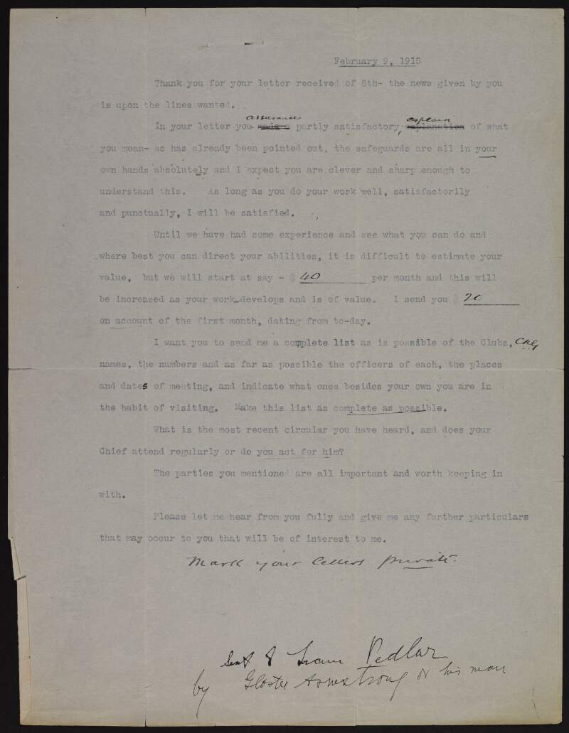 Letter from Sir Gloster Armstrong to Liam Pedlar detailing the terms and conditions of Pedlar's employment as an informant,