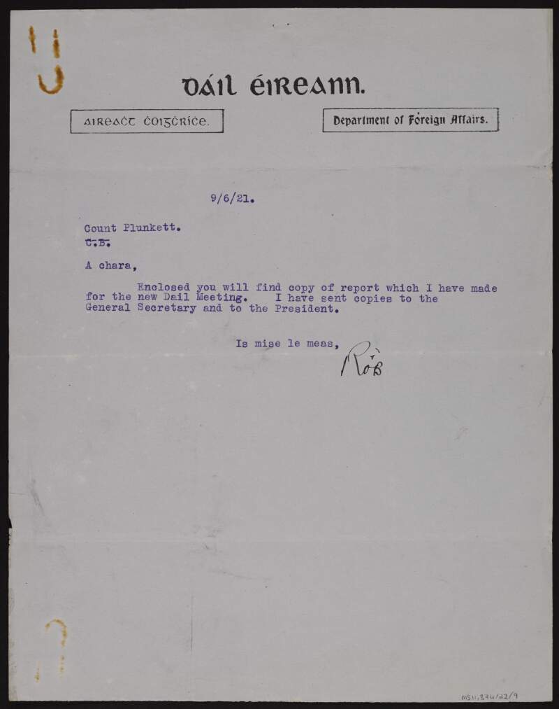 Cover letter from Robert Childers Barton to George Noble Plunkett, Count Plunkett, of a report for the new Dáil meeting,