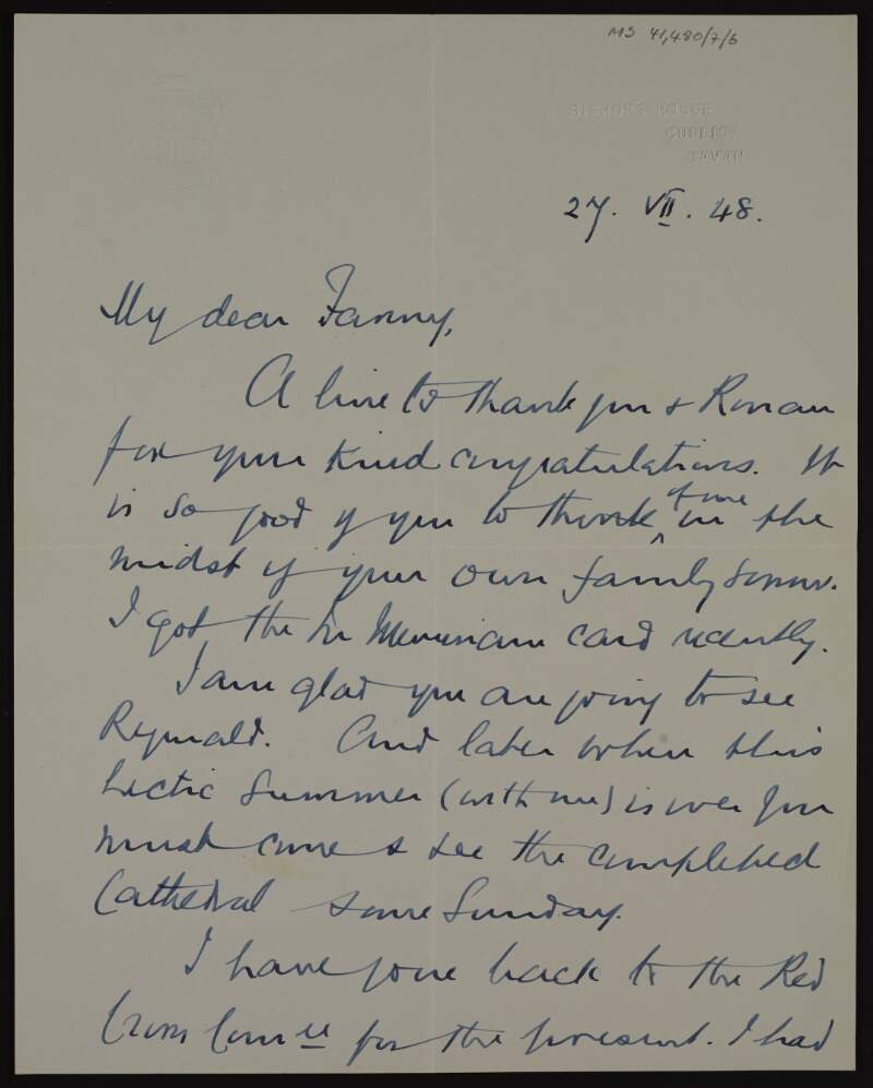 Letter from Bishop Patrick Lyons to Fanny [Áine Ceannt] thanking her and Rónán for their congratulations on the cathedral and for receiving the memorial card for Lily O'Brennan,