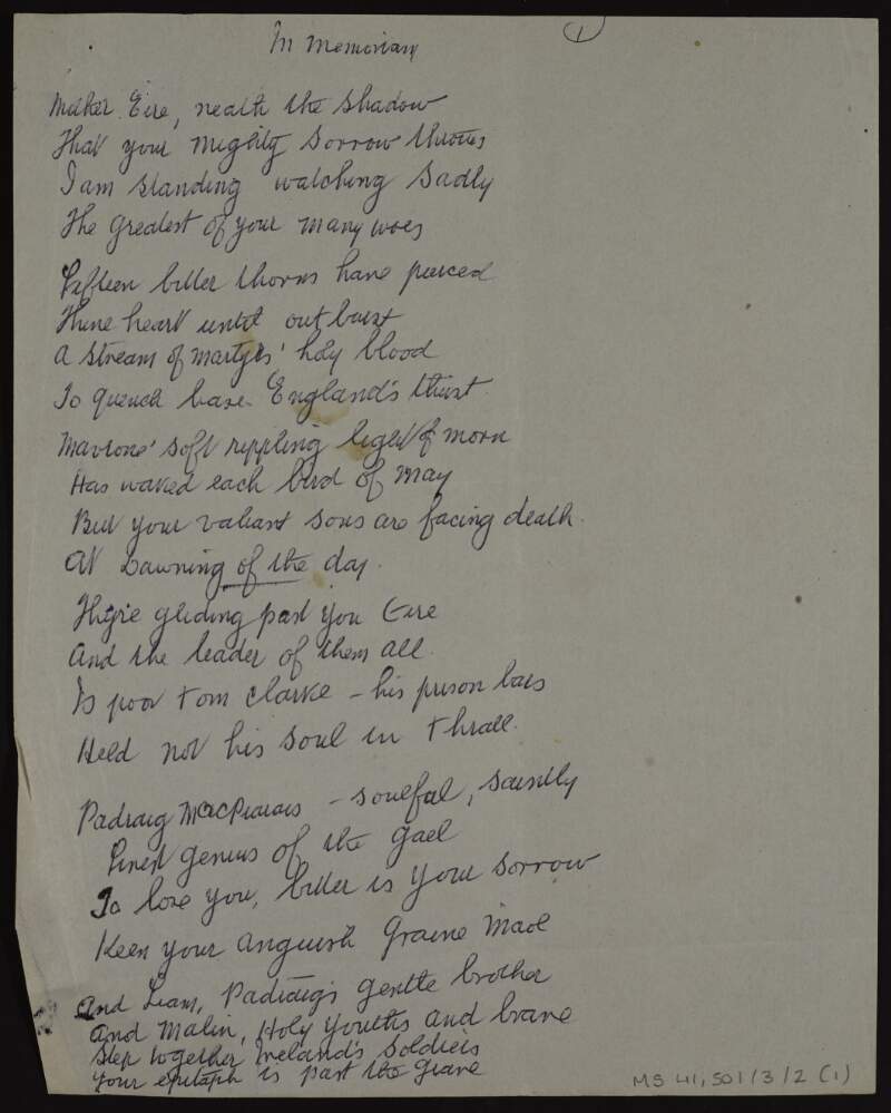 Manuscript copy of poem 'In memoriam', concerning the executed men of Easter Week,