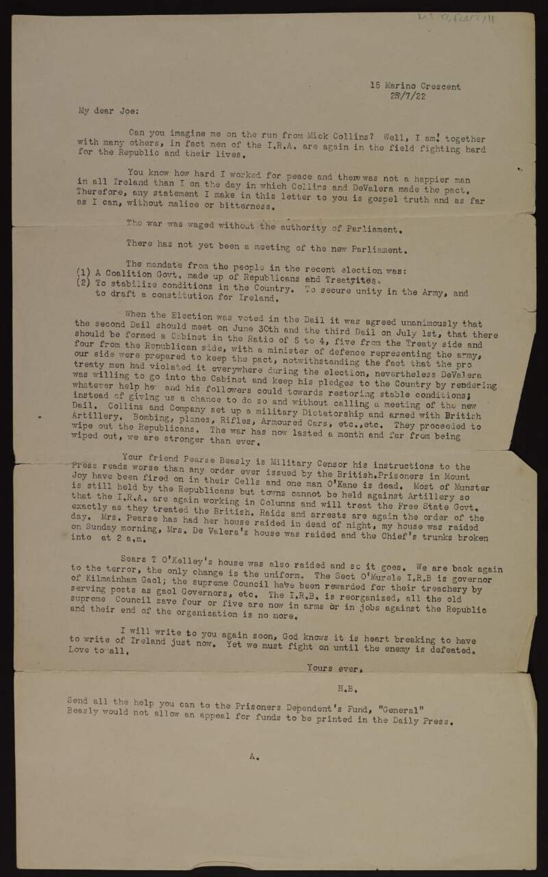 Typescript copy letter from Harry Boland, Dublin, to Joseph McGarrity, giving him an account of the civil war situation in Ireland,