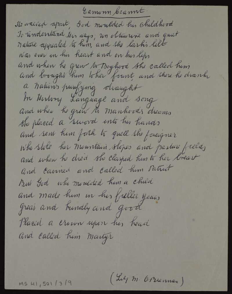 Manuscript copy of poem 'Eamonn Ceannt',