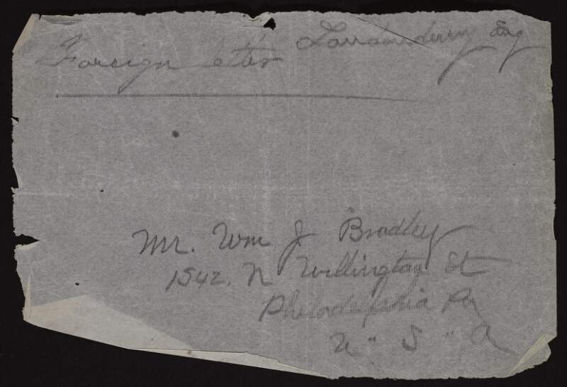 Sheets of copy paper containing numerous addresses of William J. Bradley,