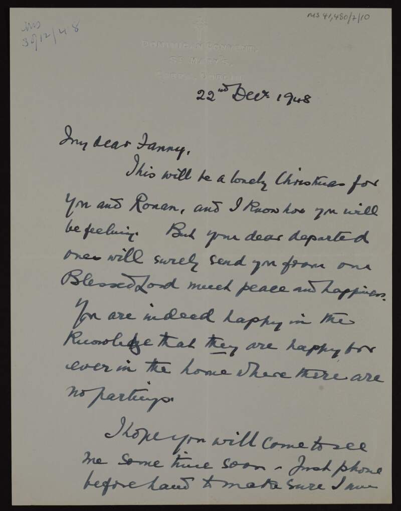 Letter from Sister M. Reginald to Áine Ceannt sympathising with her and Rónán during the lonely Christmas time after the death of Kathleen and Lily O'Brennan,