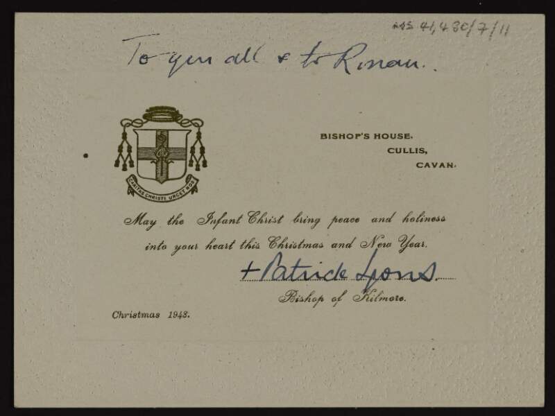 Christmas card from Patrick Lyons, Bishop of Kilmore to Áine Ceannt wishing her and Rónán a happy Christmas,