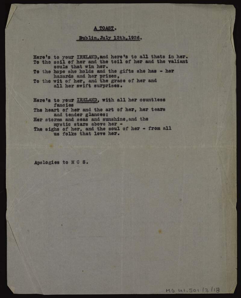 Typescript copy of poem 'A toast',