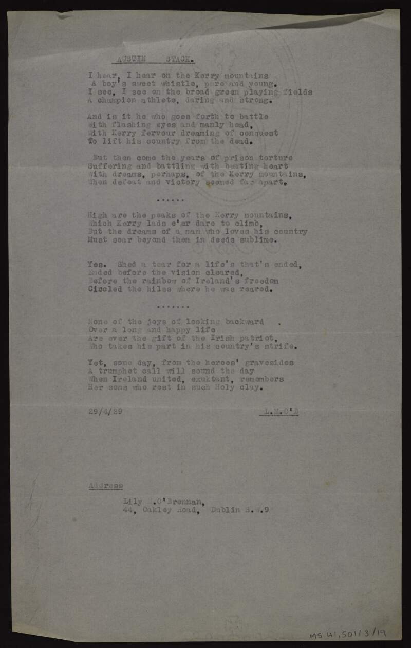 Typescript copy of poem 'Austin Stack',
