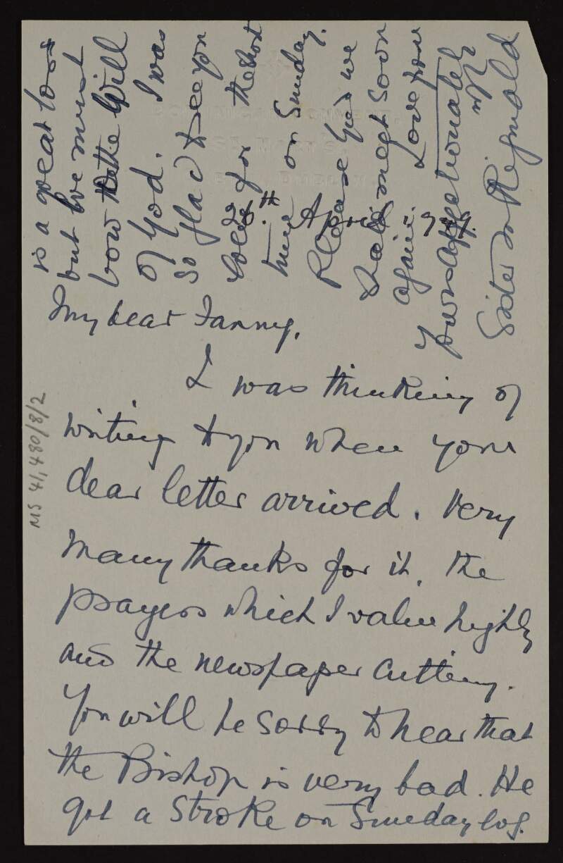 Letter from Sister M. Reginald to Fanny [Áine Ceannt] regarding the health of Most Rev. Patrick Lyons, Bishop of Kilmore,