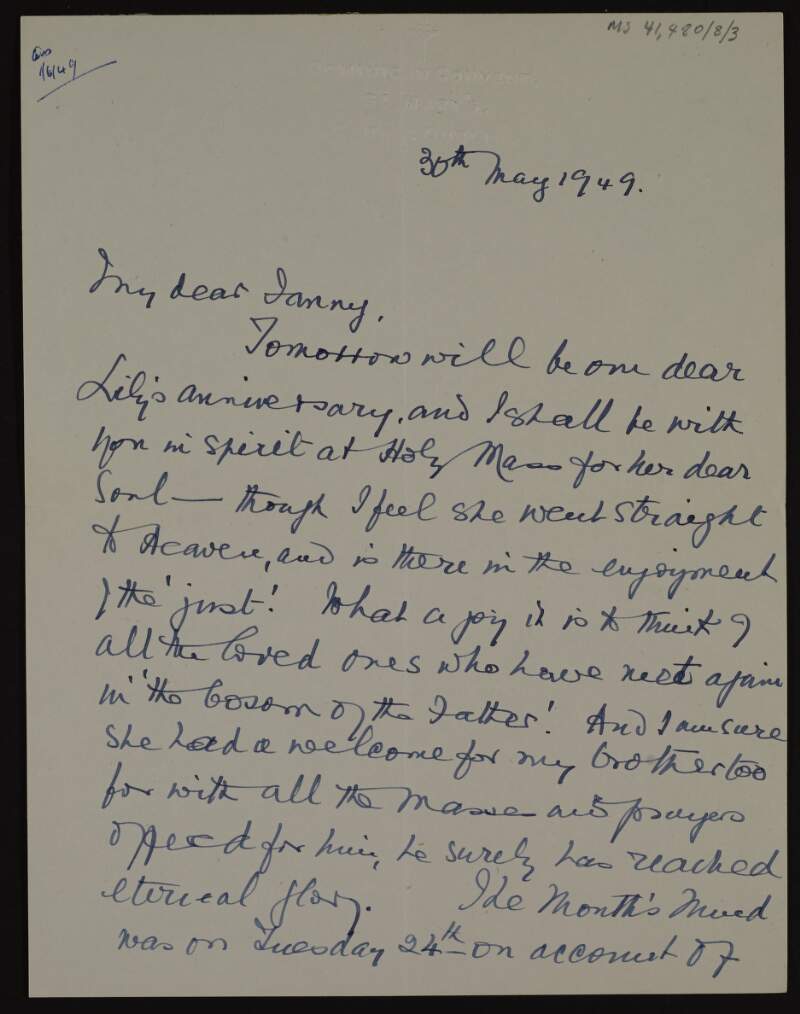 Letter from Sister M. Reginald to Fanny [Áine Ceannt] symapthising with her on the anniversary of the death of her sisters,
