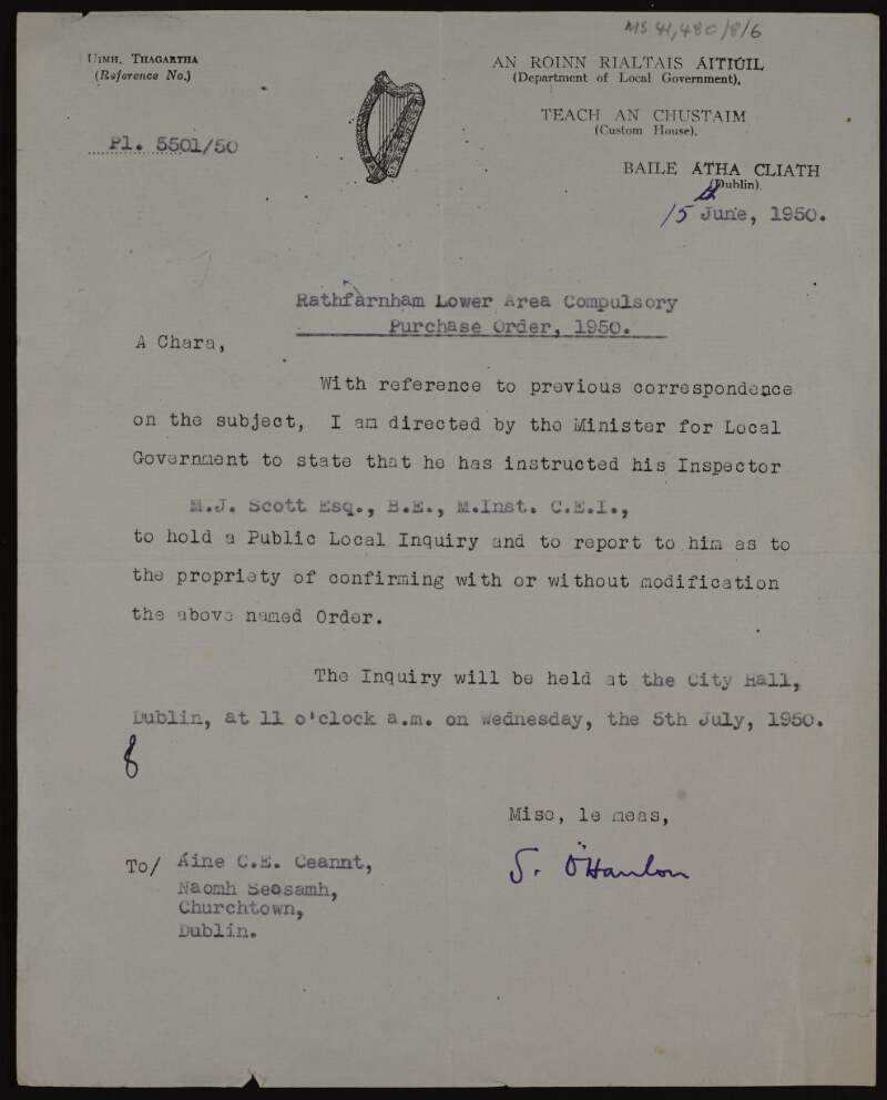 Letter from S. O'Hanlon of the Department of Local Government advising Áine C.E. Ceannt that M. J. Scott will inspect the property in advance of a public inquiry regarding "Rathfarnham Lower Area Compulsory Purchase Order",