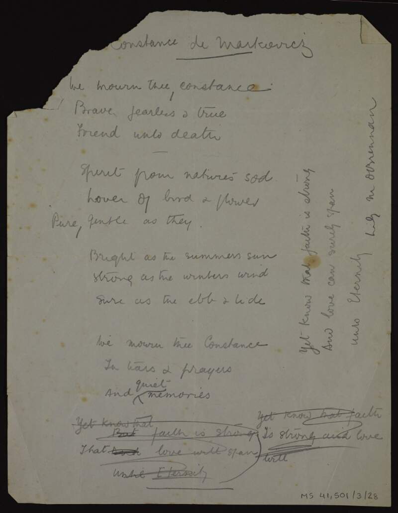 Manuscript draft of poem 'Constance de Markievicz',