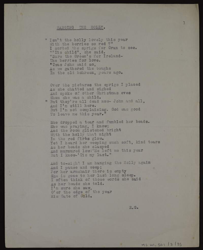 Typescript copy of poem 'Hanging the holly', written under the pseudonym E.G. [Esther Graham],