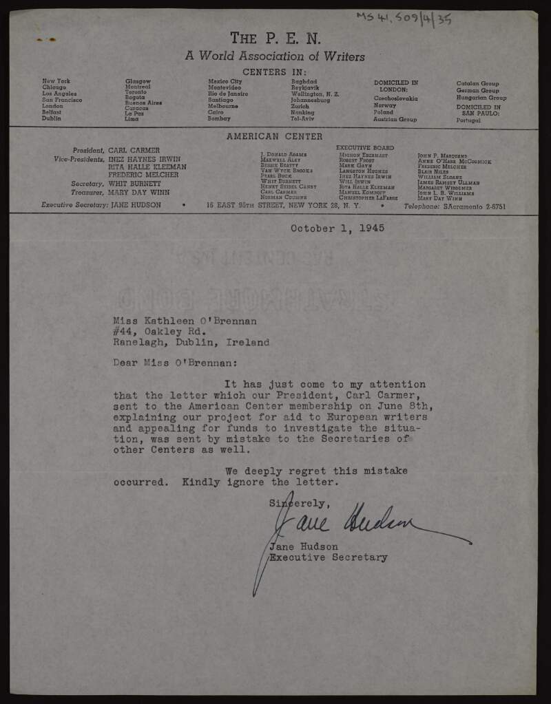 Letter to Kathleen O'Brennan from Jane Hudson, of the P.E.N. American Center, apologising for their error in sending to other Centers a letter intended only for American members,