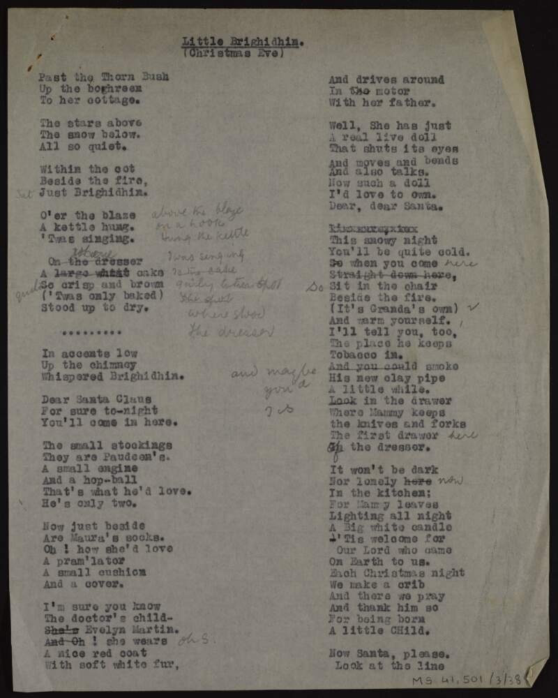 Annotated typescript draft of poem 'Little Brighidhin (Christmas Eve)',