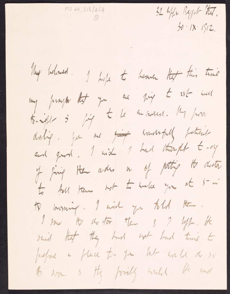 Letter from Thomas MacDonagh to Muriel MacDonagh in which he said there was "no time to prepare a place for you but would so as soon as possible",