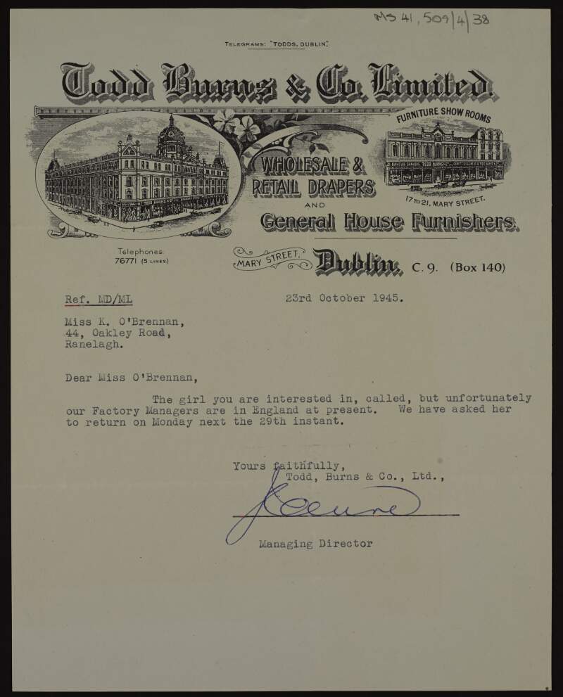 Letter to Kathleen O'Brennan from Todd, Burns and Company Limited about a girl in whom Kathleen O'Brennan had expressed interest,
