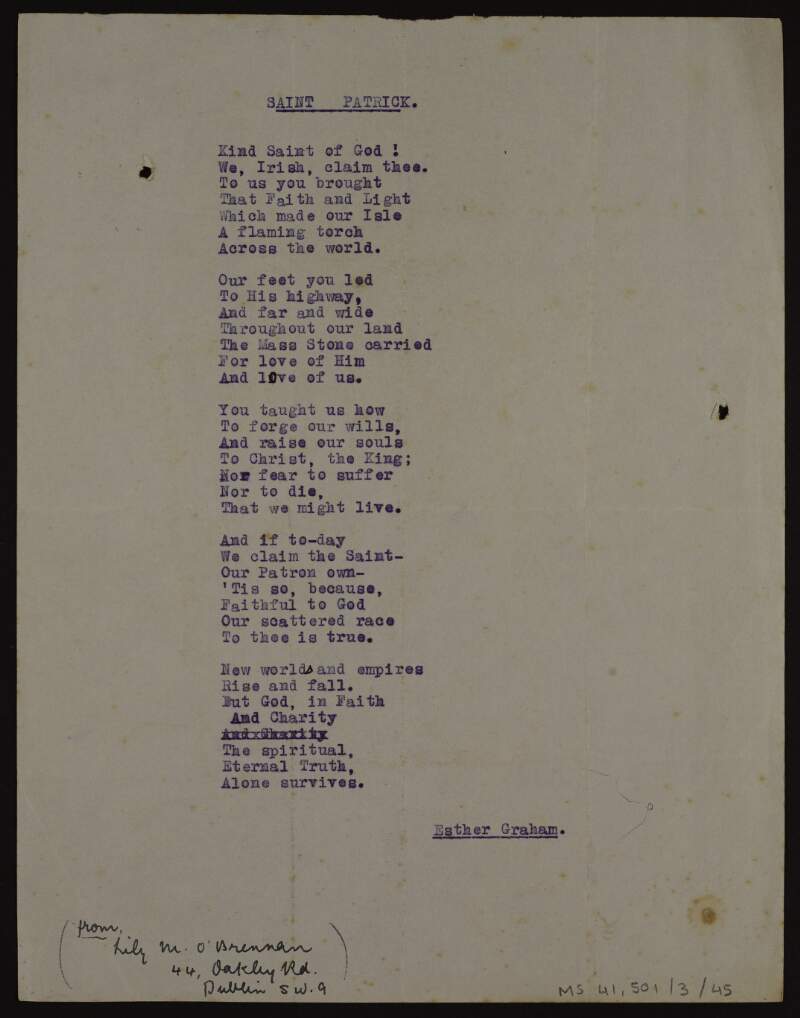 Typescript copy of poem 'Saint Patrick', written under the pseudonym Esther Graham,