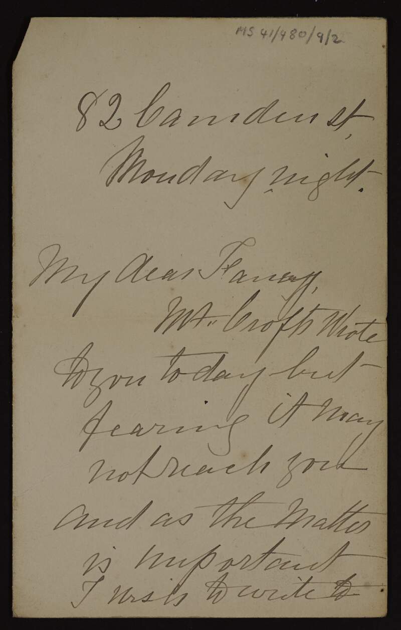 Letter from Mary Crofts to Fanny [Áine Ceannt] regarding instructions about how to apply for an unidentified position and hoping Lily is feeling better,