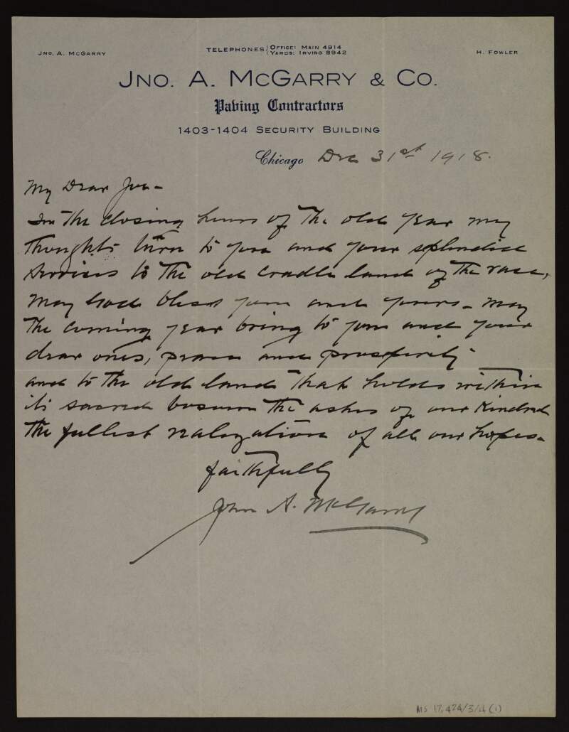 Letters from John A. McGarry to Joseph McGarrity,