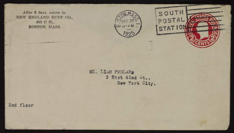 Envelope addressed to Liam Pedlar, with remnant of second envelope with wax seal enclosed,