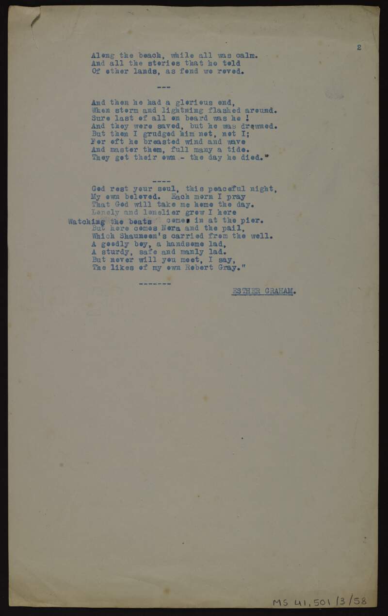 Incomplete typescript copy of poem ['Granny Gray'] written under the pseudonym Esther Graham, and manuscript draft of untitled poem beginning "Granny sat at the cottage door / Before her lay the summer sea...",