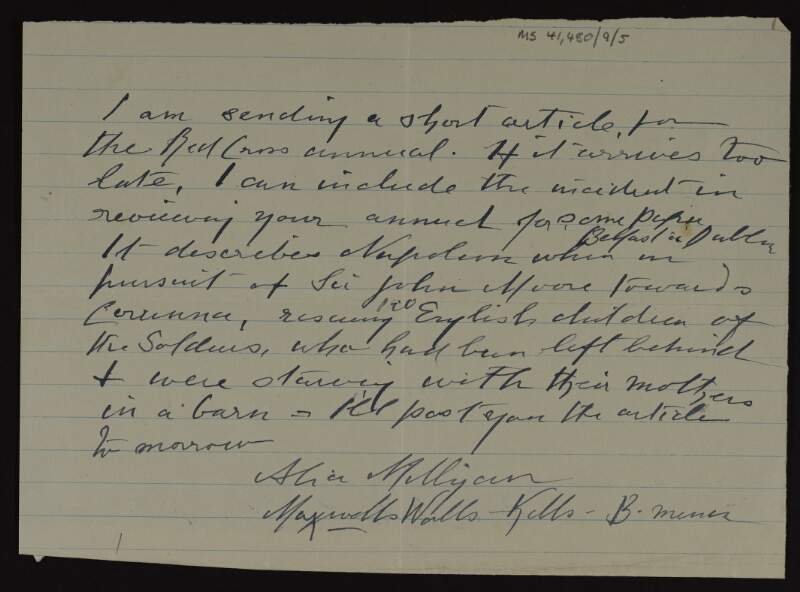 Letter from Alice Milligan to Áine Ceannt regarding an article about Napoleon's charity during his pursuit of Sir John Moore to be published in the Red Cross Journal,