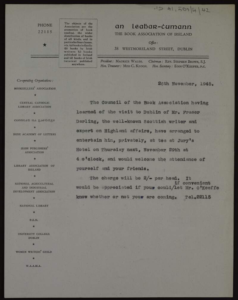 Letter [to Kathleen O'Brennan] from the Book Association of Ireland inviting her and her friends to attend an event marking the visit to Dublin of the writer Fraser Darling,
