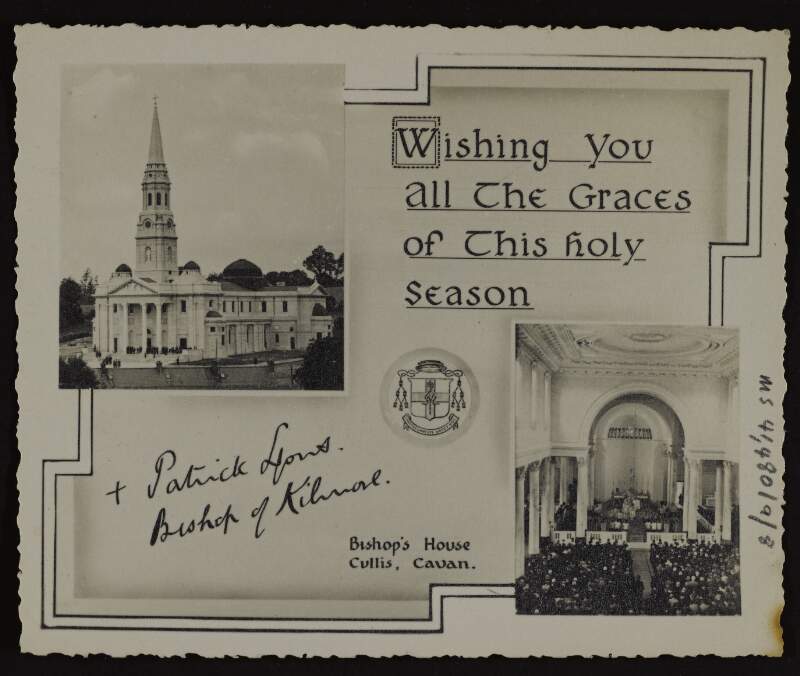 Christmas card from Patrick Lyons, Bishop of Kilmore to Áine Ceannt wishing her, Rónán and Lily a happy Christmas,